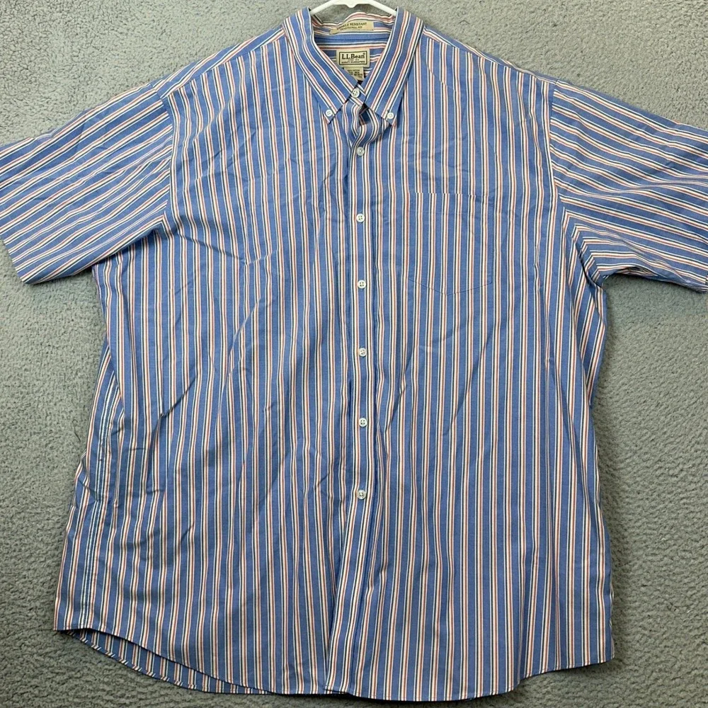 L.L. Bean Shirt Mens 2XL Traditional Fit Blue Orange Striped Button Down Casual